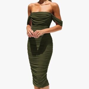 Elegant Olive Off-Shoulder Stretch Dress